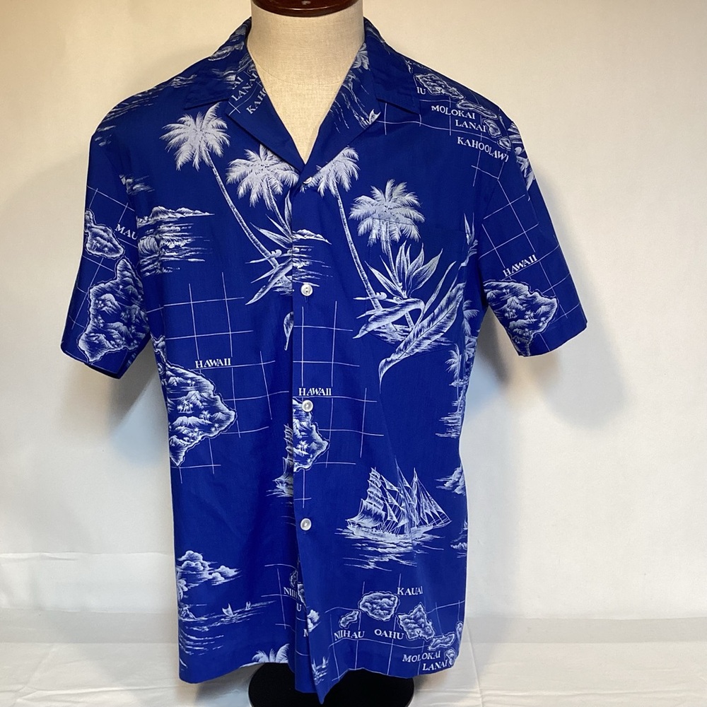 Rai Nani Vintage Blue Hawaiian Island Print Men's Shirt size XL